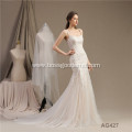 Customized simple style embroidery long train white mermaid wedding dress bridal gown